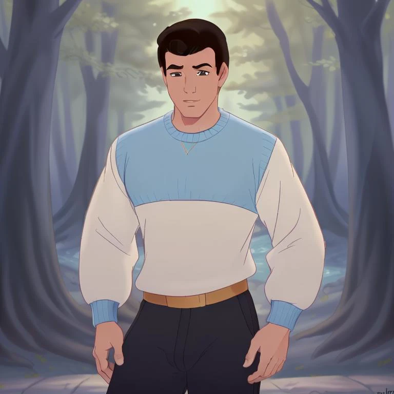 <lora:Prince_C-V1:0.77> Pr1nc3_C,((disney style animation drawing, drawing with dark thick lines)), 
1boy,clothed man posing, slick back hair, blue sweater, black pants
<lora:DisneyRenV2:0.1> disneyrenaissance style, (image with very light colors)
(location: forest)