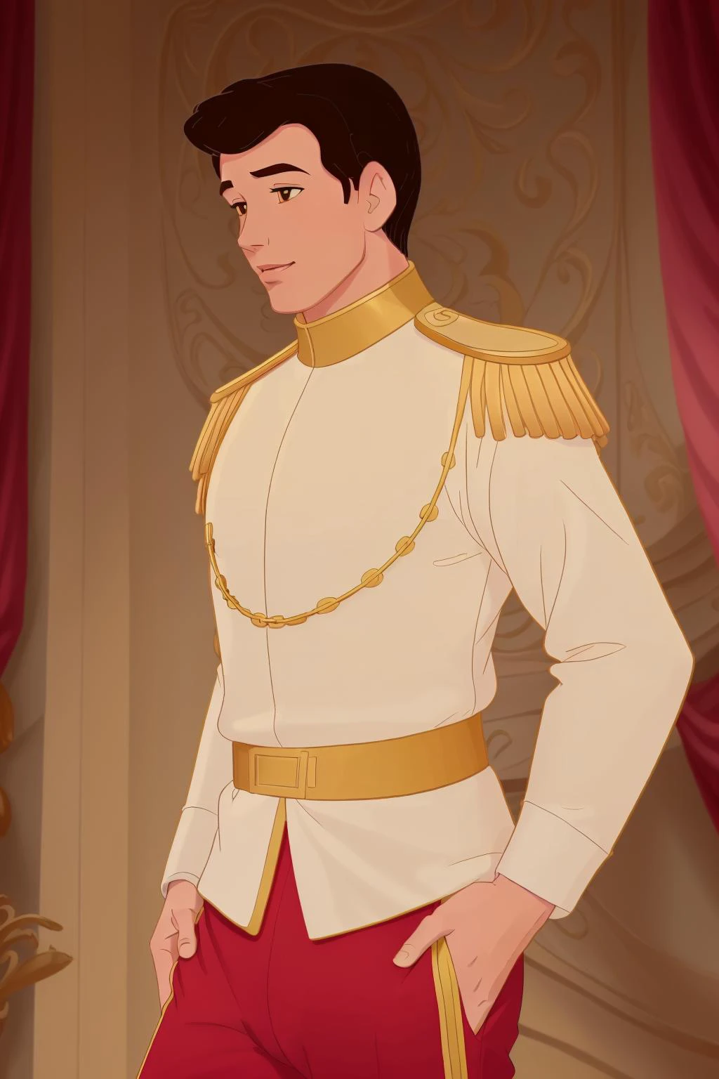 <lora:Prince_C-V1:0.77> Pr1nc3_C,((disney style animation drawing, drawing with dark thick lines)), from waist up
1boysman, uniform, red pants with gold stripe,((epaulettes)),aiguillette cord,
<lora:DisneyRenV2:0.1> disneyrenaissance style, (image with very light colors)
location: castle