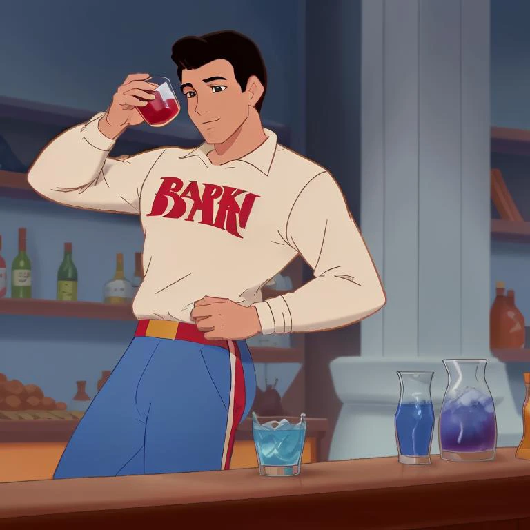 <lora:Prince_C-V1:0.77> Pr1nc3_C,((disney style animation drawing, drawing with dark thick lines)),
1boy,clothed man posing, slick back hair, (red t-shirt), blue pants, holding drink
<lora:DisneyRenV2:0.1> disneyrenaissance style, (image with very light colors)
(location: bar)