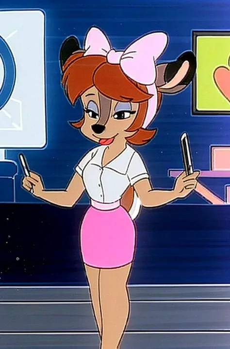 1girl, FawnDeerCzar,(furry, furry female, full body,standing), (deer nose, deer ears, deer tail, bangs, brown hair, makeup, half-closed_eyes, black eyes, blue eyeshadow, lipstick), (white white blouse, dress shirt, secretary, pencil skirt, pink hair bow), (interior, office, sitting, desk, office chair, typewriter, typing), (masterpiece:1.2), hires, (detailed face:1.2), (detailed eyes:1.2), perfect skin, ultra-high resolution, 8K, high quality, (sharp focus:1.2), clean, crisp, cinematic, <lora:Fawn_Deer-30:0.75>