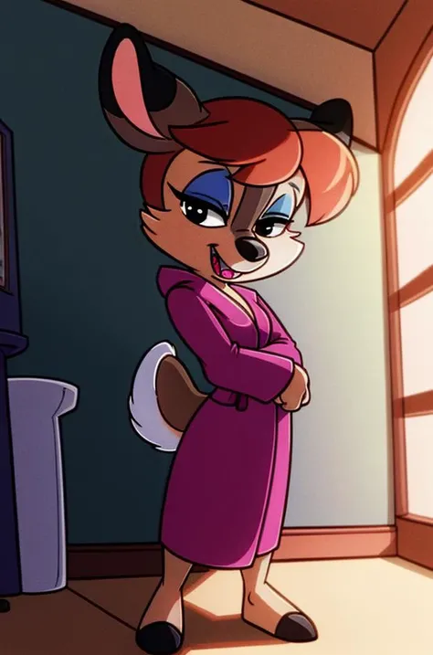 1girl, FawnDeerCzar,(furry, furry female, full body,standing), (deer nose, deer ears, deer tail, bangs, brown hair, makeup, half-closed_eyes, black eyes, lipstick), (pink bathrobe, blue eyeshadow, pink lipstick), (indoors, bathroom, seductive), (masterpiece:1.2), hires, (detailed face:1.2), (detailed eyes:1.2), perfect skin, ultra-high resolution, 8K, high quality, (sharp focus:1.2), clean, crisp, cinematic, <lora:Fawn_Deer-30:0.75>