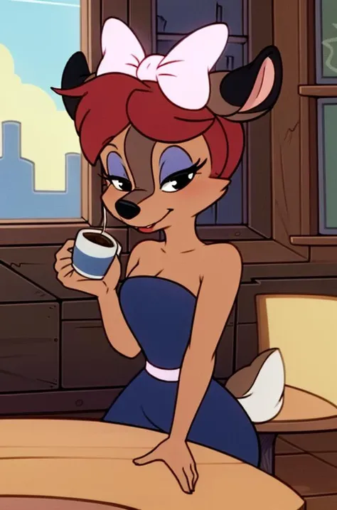 1girl, FawnDeerCzar,(furry, furry female, full body,standing), (deer nose, deer ears, deer tail, bangs, brown hair, makeup, half-closed_eyes, black eyes, blue eyeshadow, lipstick), (pink dress, strapless dress, pink hair bow), (interior, sitting, coffee shop, crowd, chair, table, drinking coffee, coffee cup), (masterpiece:1.2), hires, (detailed face:1.2), (detailed eyes:1.2), perfect skin, ultra-high resolution, 8K, high quality, (sharp focus:1.2), clean, crisp, cinematic, <lora:Fawn_Deer-30:0.75>