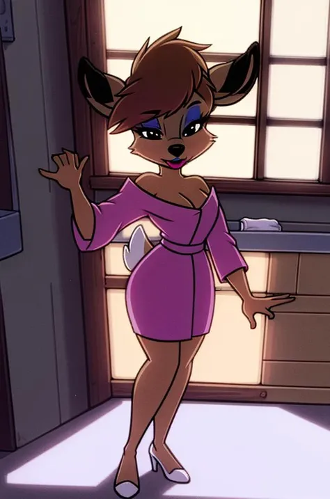 1girl, FawnDeerCzar,(furry, furry female, full body,standing), (deer nose, deer ears, deer tail, bangs, brown hair, makeup, half-closed_eyes, black eyes, lipstick), (pink bathrobe,  blue eyeshadow, pink lipstick), (indoors, bathroom, seductive), (masterpiece:1.2), hires, (detailed face:1.2), (detailed eyes:1.2), perfect skin, ultra-high resolution, 8K, high quality, (sharp focus:1.2), clean, crisp, cinematic, <lora:Fawn_Deer-30:0.75>