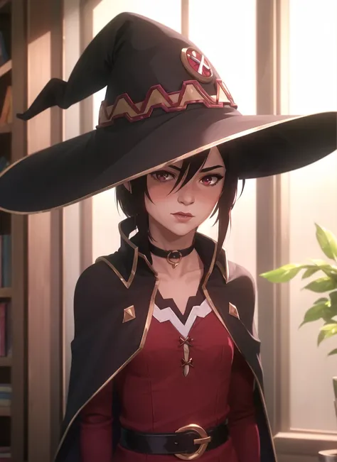 (ultra realistic,32k,RAW photo:1.1),(high detailed skin:1.1), 8k uhd, dslr, high quality, film grain, (makeup, mascara:1.1), lips,(thick\lips\),
(shiny glossy translucent clothing:1.1), <lora:Megumin:0.7>megumin, 1girl, solo, uneven legwear witch hat, choker, gloves, belt, red dress, cape, fingerless gloves,, <lora:add_detail:0.89>, huge breast, (upper body:1.2),
Standing with hands on cheeks, surprised expression,
(busty:1.1) , (chubby:0.1),(dense light rays:1.2),<lora:LowRA:0.4>, dark theme, A place full of my ancestral past and several vessels with trapped souls