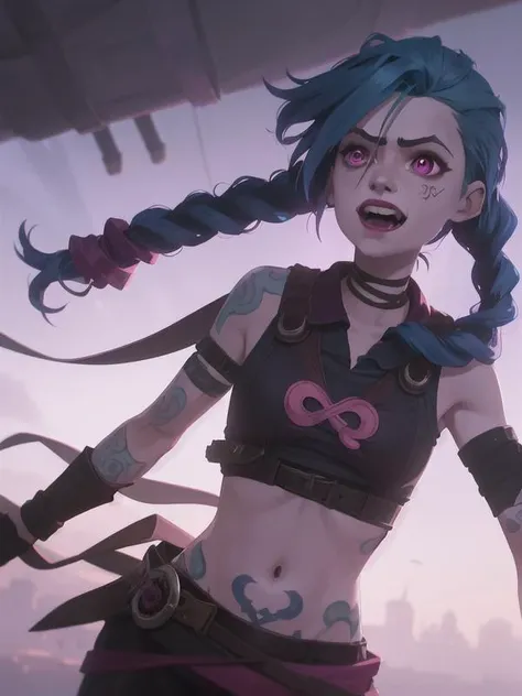 glowing, face focus, portrait, crazy, insanity, glowing pink eyes,arcane style, 1girl, arm tattoo, asymmetrical bangs, bangs, blue hair, braid, brown shirt, cloud tattoo, looking at viewer, laughing, crazy, uncontrollable laugh, mad look, night, city, green hair, long hair, midriff, pink eyes, red lips, shirt, solo, standing, tattoo, twin braids, upper body, arcane jinx, jinx \(league of legends\) <lora:arcaneStyleLora_offset:1>