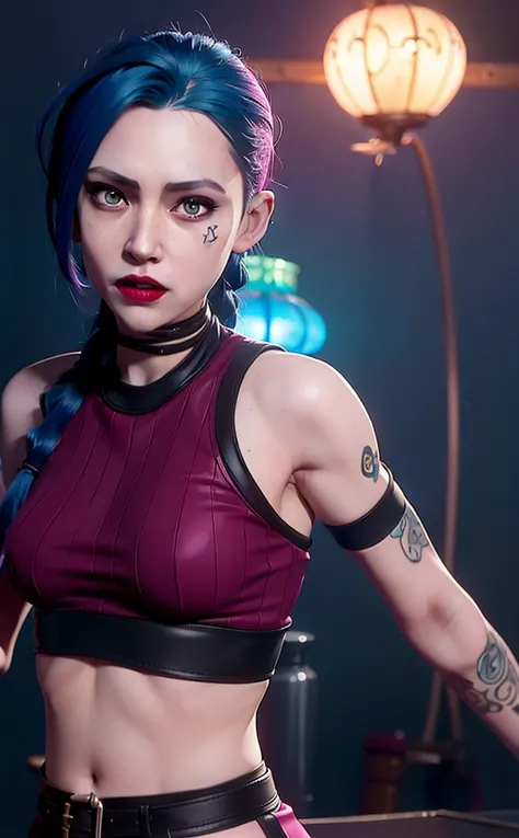 glowing, face focus, portrait, crazy, insanity, glowing pink eyes,arcane style, 1 young girl, arm tattoo, asymmetrical bangs, bangs, blue hair, braid, brown shirt, cloud tattoo, looking at viewer, laughing, crazy, uncontrollable laugh, mad look, night, city, green hair, long hair, midriff, pink eyes, red lips, shirt, solo, standing, tattoo, twin braids, full body, Zaun, ((thin lips)), arcane jinx, jinx \(league of legends\) <lora:arcaneStyleLora_offset:0.8> <lora:koreandolllikenessV20_v20:0.3>