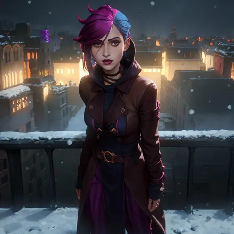 arcane style, 1girl, long sleeves asymmetrical bangs, bangs, blue hair, braid, (((brown coat))), looking at viewer, laughing, crazy, excited look, night, city lights, city, snowing, cold, long hair, pink eyes, red lips, hood up, striped pants, solo, standing, tattoo, twin braids, upper body, arcane jinx, jinx \(league of legends\) <lora:arcane:0.75>