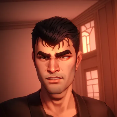 arcane style, 1guy, solo, letterboxed, black hair, brown eyes, blurry background, , thick eyebrows, white teeth, indoors, portrait, ((masterpiece)) <lora:arcaneStyleLora_v1:0.65>