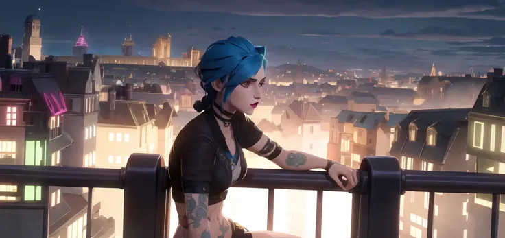 arcane style, 1girl, sitting on the balcony overlook the city, arm tattoo, asymmetrical bangs, bangs, blue hair, braid, brown shirt, cloud tattoo, from side, night, city, green hair, long hair, midriff, pink eyes, red lips, shirt, solo, standing, tattoo, twin braids, upper body, arcane jinx, jinx \(league of legends\) <lora:arcaneStyleLora_v1:0.65>