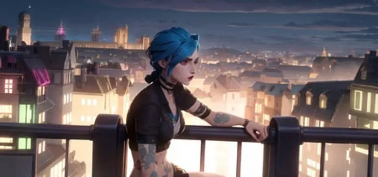 arcane style, 1girl, sitting on the balcony overlook the city, arm tattoo, asymmetrical bangs, bangs, blue hair, braid, brown shirt, cloud tattoo, from side, night, city, green hair, long hair, midriff, pink eyes, red lips, shirt, solo, standing, tattoo, twin braids, upper body, arcane jinx, jinx \(league of legends\) <lora:arcaneStyleLora_v1:0.65>