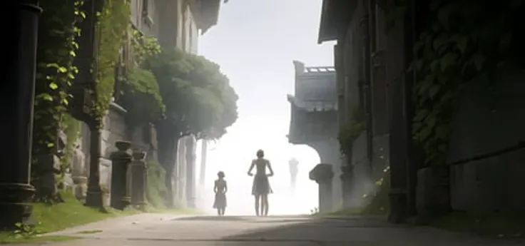 arcane style, couple walking in the narrow lane of an ancient sci-ficity, <lora:lucy-000035:0.7> , epic cinematic ((masterpiece)) <lora:arcaneStyleLora_v1:0.65>