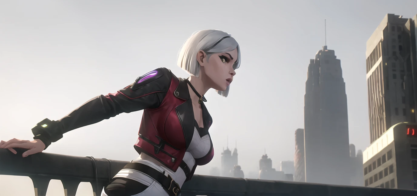 arcane style, 1girl, walking in the city, lucy \(cyberpunk\), 1girl, against railing,white hair, arm rest, bangs, bare shoulders, belt, black belt, black leotard, black pants, blurry, bob cut, breasts, building, cityscape, clothing cutout, cropped jacket, cyberpunk, depth of field, from side, gradient eyes, grey eyes, grey hair, jacket, leotard, lips, long sleeves, looking afar, looking ahead, mechanical parts, medium breasts, multicolored eyes, multicolored hair, night, night sky, off shoulder, open clothes, open jacket, outdoors, pants, parted lips, railing, red eyeliner, science fiction, short hair with long locks, short shorts, shorts, sidelocks, sky, solo, standing, teeth, thigh cutout, (portrait), upper teeth only, white jacket, white shorts, cyberpunk \(series\), cyberpunk edgerunners <lora:lucy-000035:0.7> , ((masterpiece)), absurdres <lora:arcaneStyleLora_v1:0.65>