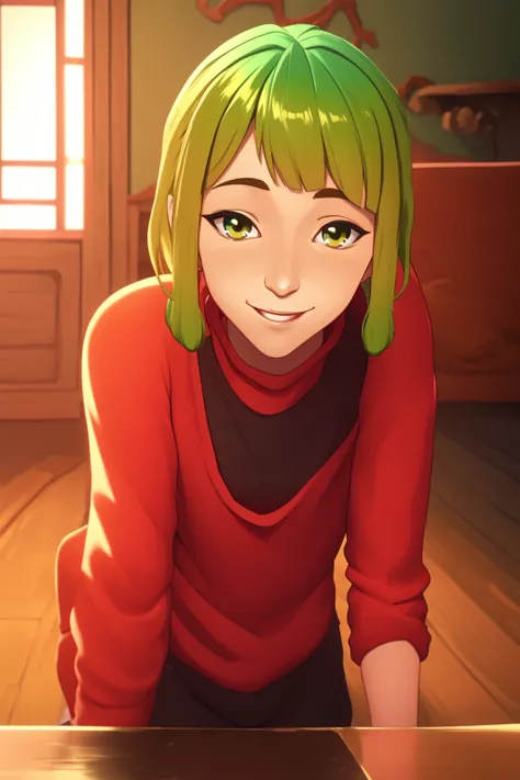 arcane style, (banchan:1.3), smiling, (solo:1.2), (yellow hair:0.8), (green hair:0.8), (gradient hair:0.5), (masterpiece:1.2), (symmetric eyes:0.8), indoor, <lora:arcane.ddql:0.65>