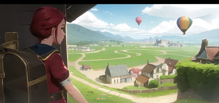 arcane style, 1girl in the balloon over lush town scenery, <lora:lucy-000035:0.7> , epic cinematic ((masterpiece)) <lora:arcaneStyleLora_v1:0.65>