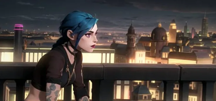 arcane style, 1girl, sitting on the balcony overlook the city, arm tattoo, asymmetrical bangs, bangs, blue hair, braid, brown shirt, cloud tattoo, from side, night, city, green hair, long hair, midriff, pink eyes, red lips, shirt, solo, standing, tattoo, twin braids, upper body, arcane jinx, jinx \(league of legends\) <lora:arcaneStyleLora_v1:0.65>