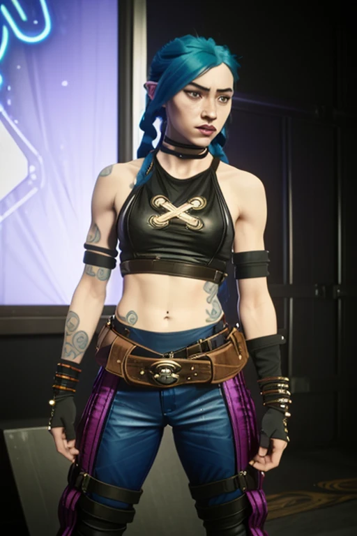 Highly detailed RAW color Photo, Full Body Shot, a portrait of jinx \(league of legends\), arcane jinx, arcane style, 1girl, muscular, petite, arm tattoo, asymmetrical bangs, bangs, (blue_hair:1.4), braid, (brown shirt) (halter neck crop top:0.7), (Punk Halter Buckle Top:0.6), cloud tattoo, looking at viewer, night, city, green_hair, long hair, midriff, shirt, solo, standing, tattoo, long brown leather fingerless gloves, (arm sleeves:1.2), leather elbow gauntlets, magenta bengal striped cropped yoga capri pants, leather armbands, utility belt, gun Holster, (twin braids:1.2), narrow body, wide hips, (thigh gap:0.5), thick thighs, upper body, (nixeu_white:0.4), (nixeu_extra:0.4), skin pores, best quality, masterpiece, (highly detailed, hyperdetailed, intricate), film grain, lens distortion, (chromatic aberration), (lens flare:0.7), (bloom:0.7), particle effects, god rays, cinematic lighting, photographed on a Panavision Millennium DLX2, 70mm wide angle lens, sharp focus, cinematic film still from Interstellar 2014 <lora:Arcane Style LoRA:0.65> <hypernet:sxzCinematic_800StrongEnough:0.5>