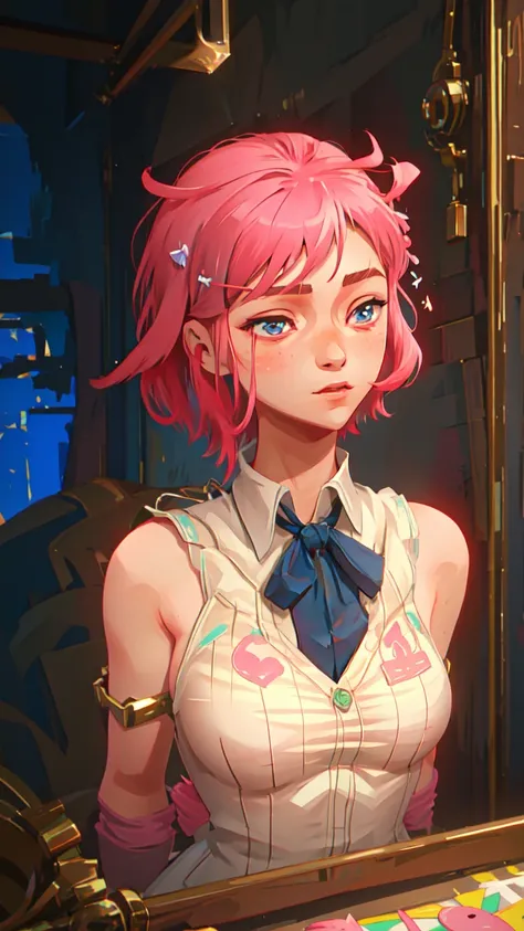 masterpiece, best quality, ultra-detailed, illustration,(1girl),beautiful detailed eyes, looking at viewer, close up, (breast focus), (arms behind back:1.2), pink hair, shy,Rabbit hairpins,naked <lora:arcaneStyleLora_offset:1>