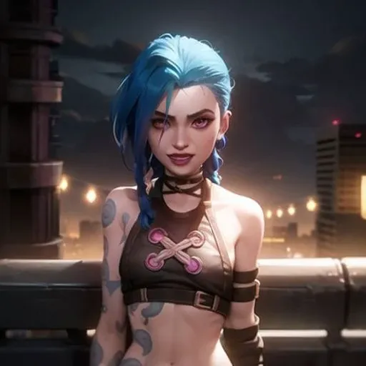arcane style, 1girl, arm tattoo, asymmetrical bangs, bangs, blue hair, braid, brown shirt, cloud tattoo, looking at viewer, laughing, night, city, green hair, long hair, midriff, pink eyes, red lips, shirt, solo, standing, tattoo, twin braids, upper body, arcane jinx, jinx \(league of legends\) <lora:arcaneStyleLora_offset:0.65><lora:jinxLeagueOfLegends_v10:1>