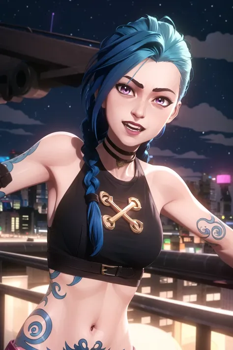 arcane style,
1girl, arm tattoo, asymmetrical bangs, bangs, blue hair, braid, brown shirt, cloud tattoo, looking at viewer, laughing, crazy, uncontrollable laugh, mad look, night, city, green hair, long hair, midriff, pink eyes, red lips, shirt, solo, standing, tattoo, twin braids, upper body, arcane jinx, jinx \(league of legends\)
<lora:arcane_offset:1>