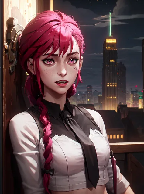 glowing, face focus, portrait, crazy, insanity, glowing pink eyes,arcane style, 1girl, arm tattoo, asymmetrical bangs, bangs, blue hair, braid, brown shirt, cloud tattoo, looking at viewer, laughing, crazy, uncontrollable laugh, mad look, night, city, green hair, long hair, midriff, pink eyes, red lips, shirt, solo, standing, tattoo, twin braids, upper body, makima <lora:LoconLoraOffsetNoise_locon0501:1> <lora:arcaneStyleLora_offset:1>