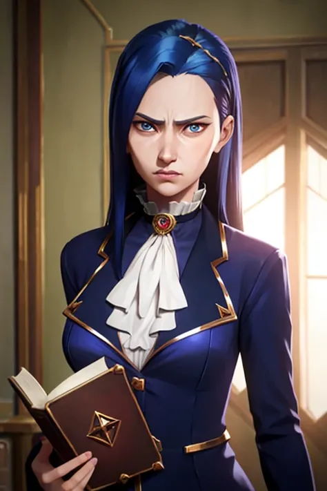 arcane style, 1girl, solo, long hair, bangs, caityln, mature body, (half-naked:1.2), letterboxed, book, closed mouth, blue eyes, jacket, shiny hair, blue hair, upper body, looking at viewer, shiny, white ascot, brooch, (beautiful), (masterpiece:1.2), 4K, high resolution, indoors, (realistic), perfect breasts, serious, angry <lora:arcaneStyleLora_offset:1>