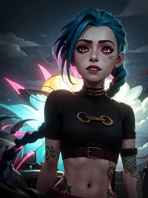 glowing, face focus, portrait, crazy, insanity, glowing pink eyes,arcane style, 1girl, arm tattoo, asymmetrical bangs, bangs, blue hair, braid, brown shirt, cloud tattoo, looking at viewer, laughing, crazy, uncontrollable laugh, mad look, night, city, green hair, long hair, midriff, pink eyes, red lips, shirt, solo, standing, tattoo, twin braids, upper body, arcane jinx, jinx \(league of legends\) <lora:LoconLoraOffsetNoise_locon0501:1> <lora:arcaneStyleLora_offset:1>