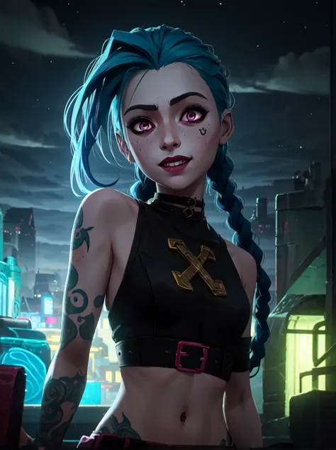 glowing, face focus, portrait, crazy, insanity, glowing pink eyes,arcane style, 1girl, arm tattoo, asymmetrical bangs, bangs, blue hair, braid, brown shirt, cloud tattoo, looking at viewer, laughing, crazy, uncontrollable laugh, mad look, night, city, green hair, long hair, midriff, pink eyes, red lips, shirt, solo, standing, tattoo, twin braids, upper body, arcane jinx, jinx \(league of legends\) <lora:LoconLoraOffsetNoise_locon0501:1> <lora:arcaneStyleLora_offset:1>