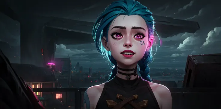 glowing, face focus, portrait, crazy, insanity, glowing pink eyes,arcane style, 1girl, arm tattoo, asymmetrical bangs, bangs, blue hair, braid, brown shirt, cloud tattoo, looking at viewer, laughing, crazy, uncontrollable laugh, mad look, night, city, green hair, long hair, midriff, pink eyes, red lips, shirt, solo, standing, tattoo, twin braids, upper body, arcane jinx, jinx \(league of legends\) <lora:LoconLoraOffsetNoise_locon0501:1> <lora:arcaneStyleLora_offset:1>