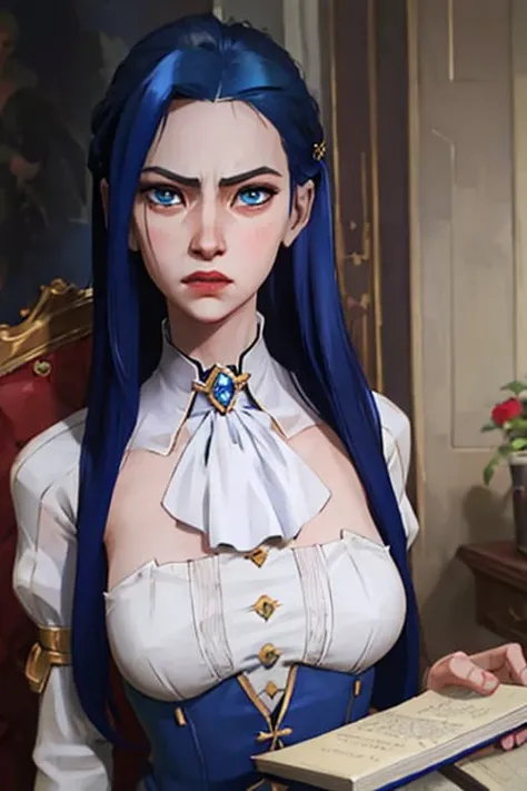 arcane style, 1girl, solo, long hair, bangs, caityln, mature body, (half-naked:1.2), letterboxed, book, closed mouth, blue eyes, jacket, shiny hair, blue hair, upper body, looking at viewer, shiny, white ascot, brooch, (beautiful), (masterpiece:1.2), 4K, high resolution, indoors, (realistic), perfect breasts, serious, angry <lora:arcaneStyleLora_offset:1>