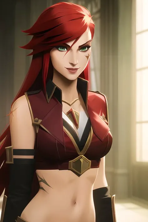 upper body, masterpiece, 1girl, solo, long hair, red hair, (katarina \(league of legends\):1.3) , (scar across eye:1.2), green eyes, <lora:arcaneStyleLora_offset:0.9>, arcane style, best quality, evil smile