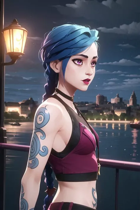 arcane style, 1girl, arm tattoo, asymmetrical bangs, bangs, blue hair, braid, brown shirt, cloud tattoo, from side, night, city, green hair, long hair, midriff, pink eyes, red lips, shirt, solo, standing, tattoo, twin braids, upper body, arcane jinx, jinx \(league of legends\)

<lora:arcane_offset:1>