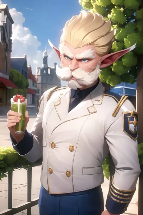 arcane style,
solo, letterboxed, 1boy, yordle, pointy ears, male focus, blonde hair, blue eyes, beard, facial hair, upper body, outdoors, uniform, jacket, white jacket
, ((masterpiece))
<lora:arcane_offset:1>