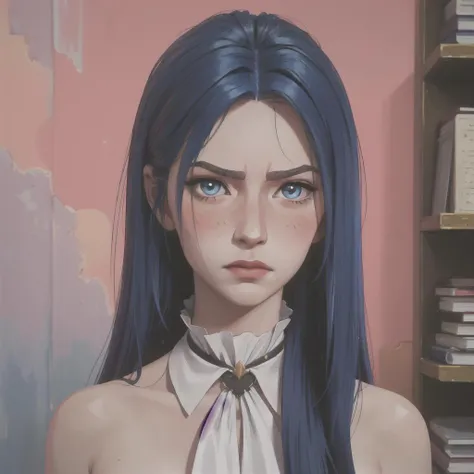 closed mouth,, arcane style, 1girl, solo, long hair, bangs, caityln, mature body, looking at viewer, (half-naked:1.3), letterboxed, book, closed mouth, blue eyes, (blush:1.5),(Color enhancement),(high saturation:1.5),shiny hair, blue hair, upper body, looking at viewer, shiny, white ascot, brooch, (beautiful), (masterpiece:1.2), 4K, high resolution, indoors, (realistic), perfect breasts, serious, angry <lora:arcaneStyleLora_offset:0.9>