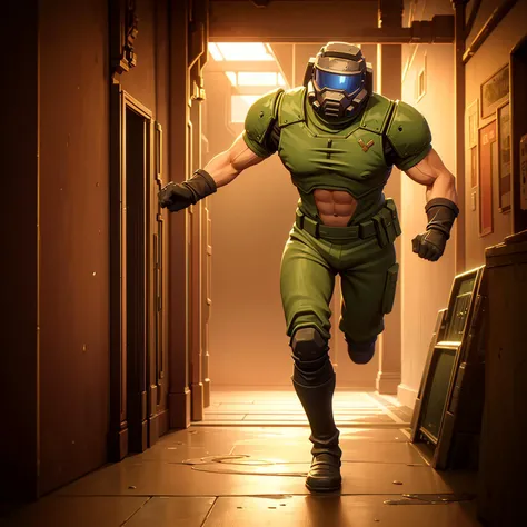 masterpiece, best quality, arcane style, doomguy. fullbody, running, fleeing, crossed legs, hallway, solo, science fiction,
<lora:arcane_offset64dim:1> <lora:doomguy-15:0.5>