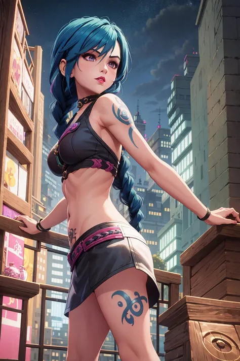 <lora:GachaSplash4:1> arcane style, 1girl, arm tattoo, asymmetrical bangs, bangs, blue hair, braid, brown shirt, cloud tattoo, from side, night, city, green hair, long hair, midriff, pink eyes, red lips, shirt, solo, standing, tattoo, twin braids, upper body, arcane jinx, jinx \(league of legends\)  <lora:arcane_offset:0.7>