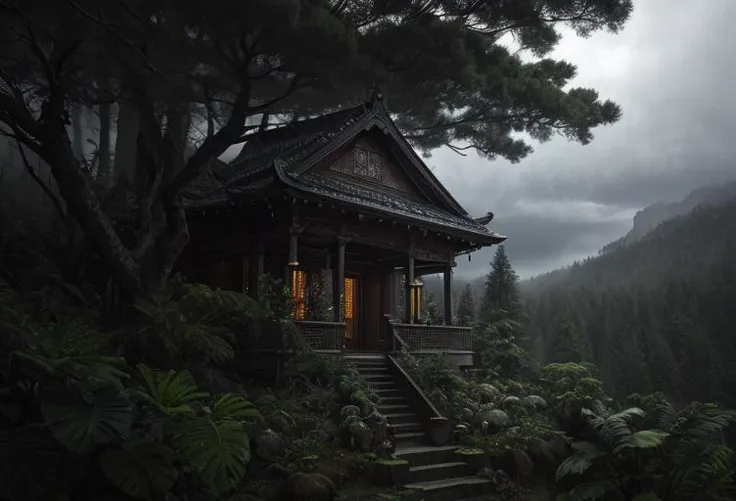 masterpiece, mysterious atmosphere, (()), intricate skirt, a medium shot photo of a fearful necromancer, foreground, (low key), hill, (photorealistic), pine trees, intricate details, you can see a huge music studio integrated into a jungle, trending on instagram, dramatic, cloudy_sky, eyeliner, inspection, absurdres, sweat, (wide angel:1.3), empowerment, <lora:arcaneStyleLora_offset:0.3>, hyperrealistic surrealism, High Detail, light, rainbow paint kimono, (sharp focus:1.2),