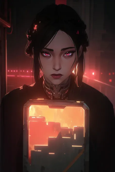 masterpiece, best quality, (colorful), (delicate eyes and face), volumetric light, ray tracing, extremely detailed CG unity 8k wallpaper, <lora:Serana_5_10:0.7> serana, 1girl, red eyes, looking at viewer, upper body, night, city, arcane style, neon lights,<lora:arcane_offset:1>