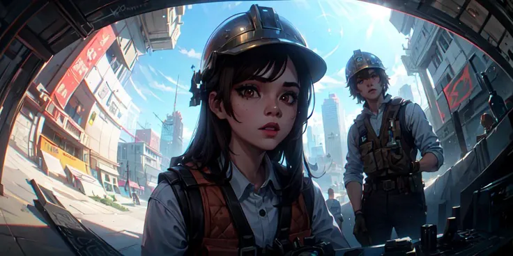 (full shot:1.2, fisheye:1.2), (masterpiece, best quality, 8k, hdr10, cinematic), masterpiece, best quality, super detailed face, (highly detailed brown eyes), 1girl, vest, construction helmet, tool belt, skyscraper building under construction, holding big blueprint, background welding workers, <lora:add_detail:0.7>, arcane style, <lora:arcane_offset:0.5>, loraeyes, <lora:Loraeyes_V1:0.4>