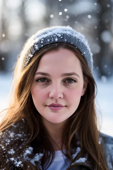 raw photo, 1girl, solo, shoulder height portrait of a young drew barrymore, dbarrymore-subject:0.5, blonde, intrincated detailed lips, snow, cold light, smirk, (high detailed skin:1.2), 8k uhd, dslr, soft lighting, high quality, film grain, Fujifilm XT3