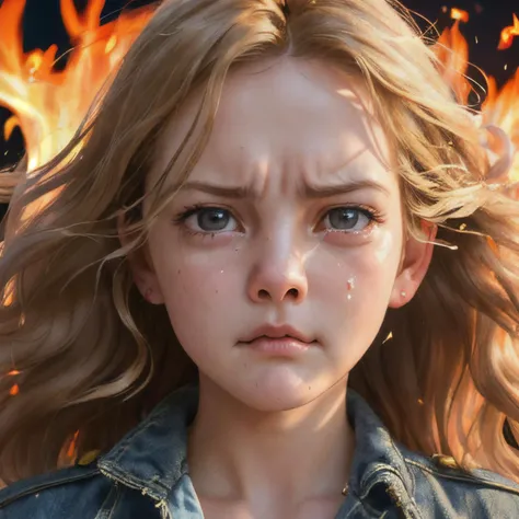 Unreal 5, dbarrymore-subject 8--old l (angry face:1.4), crying, (mouth closed:1.2), (lips closed:1.2), (fireflight shining on face:1.3), (fireflight reflecting on face:1.3) (wavy walnut blond hair blowing in wind:1.3), head down looking up at viewer with (fire swirl in the background:1.3), in a forest fire, windy, gust of wind, industrial fan, night, jean jacket, (face like charging bull), clockwork orange, full metal jacket, ray tracing, solo, solo focus, highly detailed, detailed face, detailed eyes, intricate, high saturation, high resolution, absurd res, masterpiece,