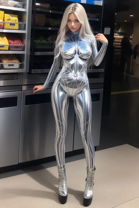 Score_9, score_8_up, score_7_up, britneybimbo , sluttyface, upturned nose, (massive ass),cinematic lighting, ((photorealistic)), 4k resolution, (((masterpiece))), highres, (best quality), ultra detailed eyes, (( standing in clothing shop)), very long shiny black straight hair, (super tight white rubber dress, fastened at the front, single zip, without sleeves, large neckline, ankle platform high heels), 16k quality, full front shot