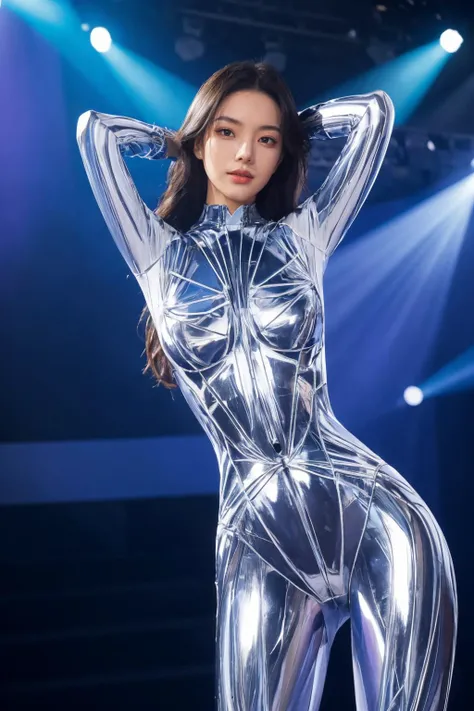 Glossy futuristic full body bodysuit, see-through in places, design with lines along the round shape of the chest, emphasis on the round shape of the chest, big buttocks, arms crossed,gal.safetensors