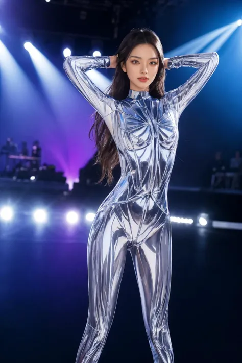 js_2, metallic chrome full bodysuit, shiny, best quality, masterpiece, illustration, realistic, photo-realistic, amazing, finely detail, incredibly absurdres, huge filesize, ultra-detailed, highres, extremely detailed CG unity 8k wallpaper, A young Korean woman with a beautiful face and figure is wearing a metallic chrome full bodysuit that shines brightly under the purple lights of the stage. Her hair is styled in a sleek and modern fashion, and her makeup is dramatic and glamorous. The bodysuit is perfectly fitted to her body, and the metallic fabric reflects the light in a way that creates a stunning visual effect. She stands on the stage, her legs slightly apart and her arms at her sides. Her head is tilted slightly to one side, and she is looking out at the audience with a confident expression. The light from the stage shines down on her, creating a halo of light around her head. This is a fashion shoot for a new line of avant-garde clothing. The photographer is using a ray tracing technique to capture the reflective qualities of the bodysuit. The result is a series of stunning images that capture the beauty and glamour of the young woman.
