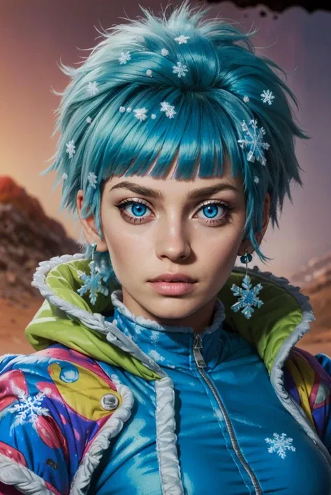 (blue:1.1 cotton dress), gossamer cloak, (frost magic), (snowflakes), (portrait photo:1.3), (purple Short Faux Hawk with Skin Fade:1.1), j_sc0tt_1, <lora:j_sc0tt_1-08:0.8>, best quality, high detail, high quality, high res, 4k,eyeliner, pouty lips, blue eyes, detailed skin texture, (blush:0.5), (on Planet Mars:1.4)