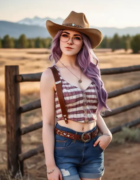 <lora:bbyt:0.65>, Western American style girl, embodying the spirit of the frontier. She's adorned in traditional cowboy attire, complete with a wide-brimmed hat shading her eyes, and a checked shirt. Her rugged jeans are worn and faded, tucked into worn leather cowboy boots. She's leaning casually against a wooden fence, with the backdrop of an expansive prairie, the setting sun casting long shadows. Dusty dirt road, tumbleweeds, and distant mountains complete the scene. Her expression is tough and determined, indicative of the resilience required in the Wild West. The overall scene is filled with rustic charm, a nod to the untamed beauty of the American West.  erika,jagoerika,brown hair,ponytail,cleavage,jeans, elly,jagoelly,purple hair,twintails,crop top,short shorts,glasses, sophie,jagosophie,long hairbrown hair,red hair,tank top,pants,glasses, clara,jagoclara,brown hair,short hair,red shirt,jeans,