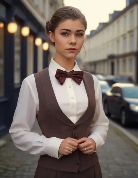A realistic image of a beautiful young girl dressed in European gentleman's attire. She should be wearing a tailored suit, possibly with a waistcoat and a bow tie or cravat. Her posture should be elegant and confident, and her facial expression should be poised. The setting could be a luxurious interior or a classic European street. The lighting should be soft but sufficient to highlight the details of her attire and her features,<lora:bbyt:0.65>