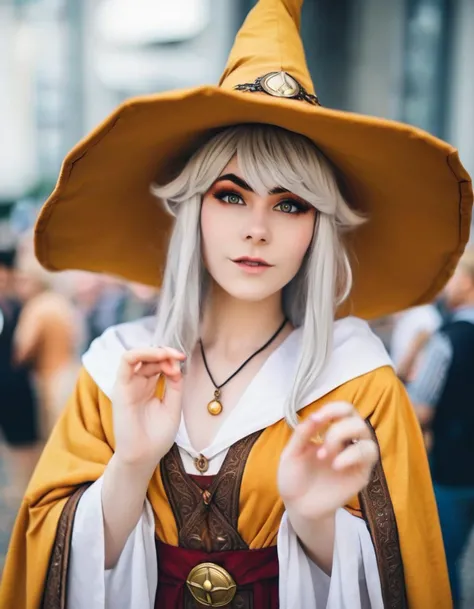 A realistic image of a beautiful woman participating in a cosplay anime convention, dressed as a charming medieval European wizard. She should be wearing a detailed costume that includes elements like a wizard's hat, a wand, and a flowing robe. The setting should be an anime convention, complete with other cosplayers and booths in the background. Her facial expression should be confident and enchanting. The lighting should be vibrant and well-balanced to highlight the details of her costume,<lora:bbyt:0.65>