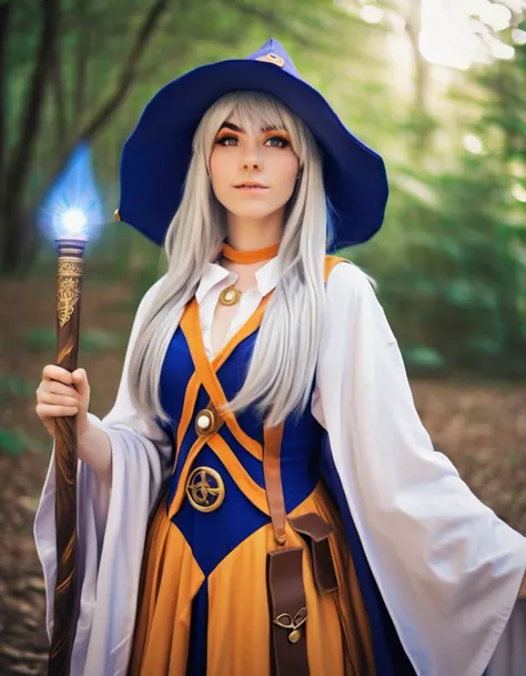 A realistic image of a beautiful woman participating in a cosplay anime convention, dressed as a charming medieval European wizard. She should be wearing a detailed costume that includes elements like a wizard's hat, a wand, and a flowing robe. The setting should be an anime convention, complete with other cosplayers and booths in the background. Her facial expression should be confident and enchanting. The lighting should be vibrant and well-balanced to highlight the details of her costume,<lora:bbyt:0.65>