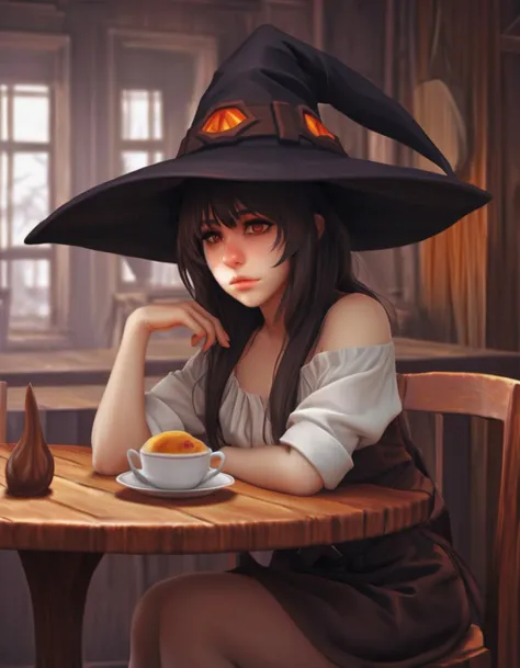 concept art a girl, megumin, sitting at table, sad, pout, looking away, witch hat, <lora:megumin:0.8> . digital artwork, illustrative, painterly, matte painting, highly detailed,<lora:bbyt:0.65>