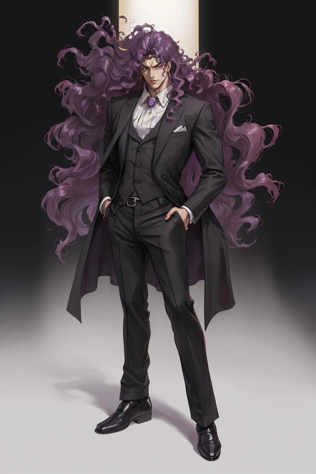 masterpiece, best quality, 1 guy, kars, long flowing hair, suit, full body, aura
<lora:kars:0.5>